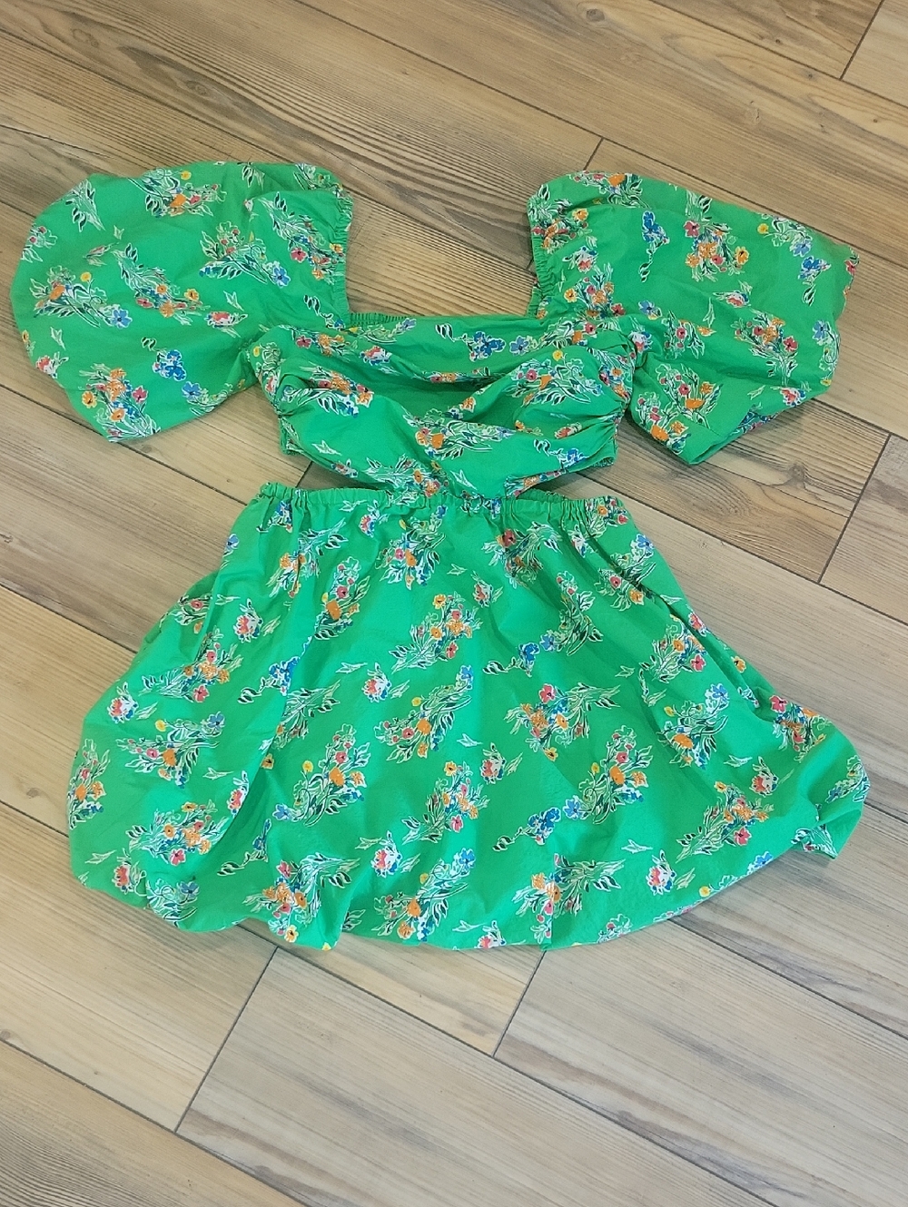 A New Day Green Floral Puff Sleeve Cut Out Bubble A-Line Dress